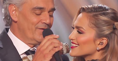 The crowd roars with excitement as Andrea Bocelli and Jennifer Lopez take the stage to perform a captivating duet of “Quizás, Quizás, Quizás.”